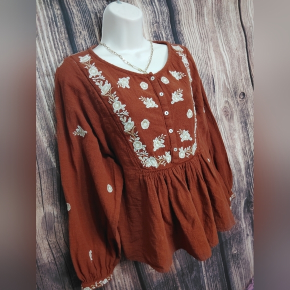 Zara Embroidered Rust Blouse Size Medium - Picture 2 of 4